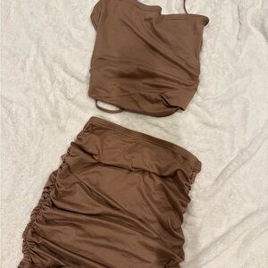Elegant Brown Ruched Skirt & Top